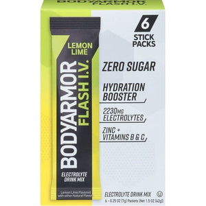 Bodyarmor Flash Iv Electrolyte Drink Mix Zero Sugar Lemon Lime Hydration Booster 6 Stick Packs 12/6 CT [UNFI #3090958 ] [ebt]