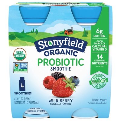 Stonyfield Organic Probiotic Smoothie Lowfat Yogurt Wild Berry 6/4/6 OZ [UNFI #569772] [ebt] T