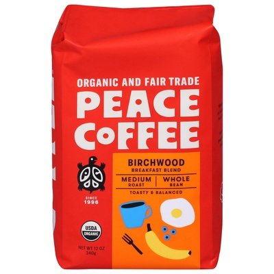 Peace Coffee Coffee Whole Bean Medium Roast Birchwood Breakfast Blend 6/12 OZ [UNFI #2905891] [ebt]