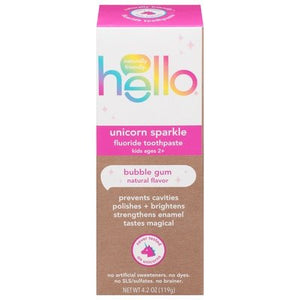 Hello Products Toothpaste Fluoride Unicorn Sparkle Bubble Gum Kids Ages 2+ 1/4.2 OZ [UNFI #2709574] T