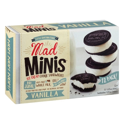 Mad Minis Ice Cream Cookie Sandwiches Vanilla Mad Minis 12 Pack 9/12/1 OZ [UNFI #1815398] [ebt]