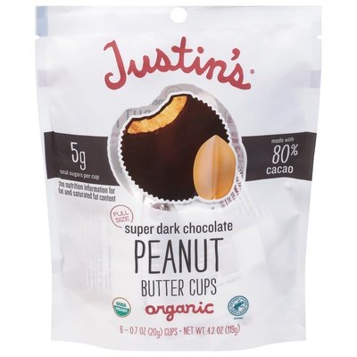 Justins Peanut Butter Cups Organic Super Dark Chocolate Full Size 6/4.2 OZ [UNFI #2763878] [ebt] T